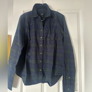 J. Crew Blue and Green Embellished Plaid Shirt